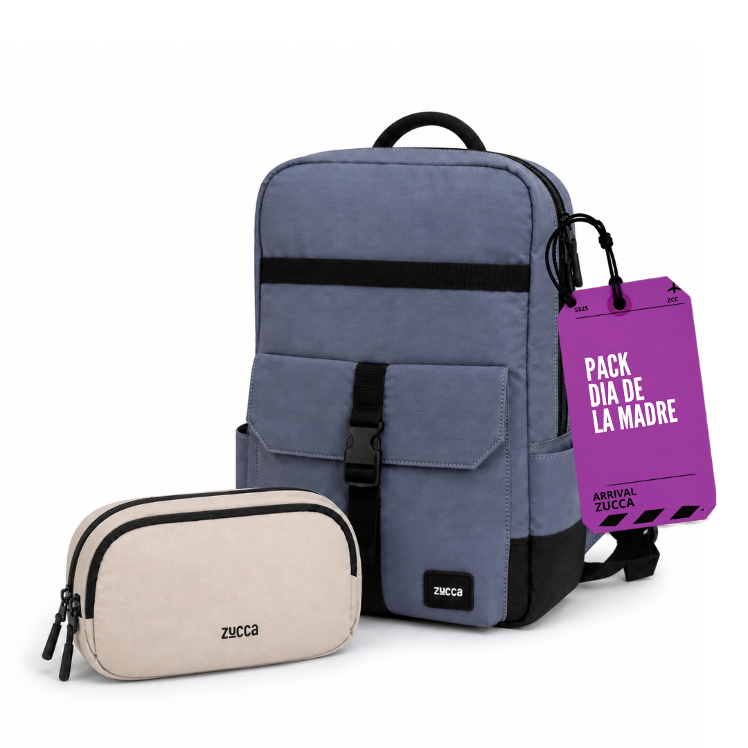 Pack Mamá Mochila Dublín azul + Bolso Bruselas beige