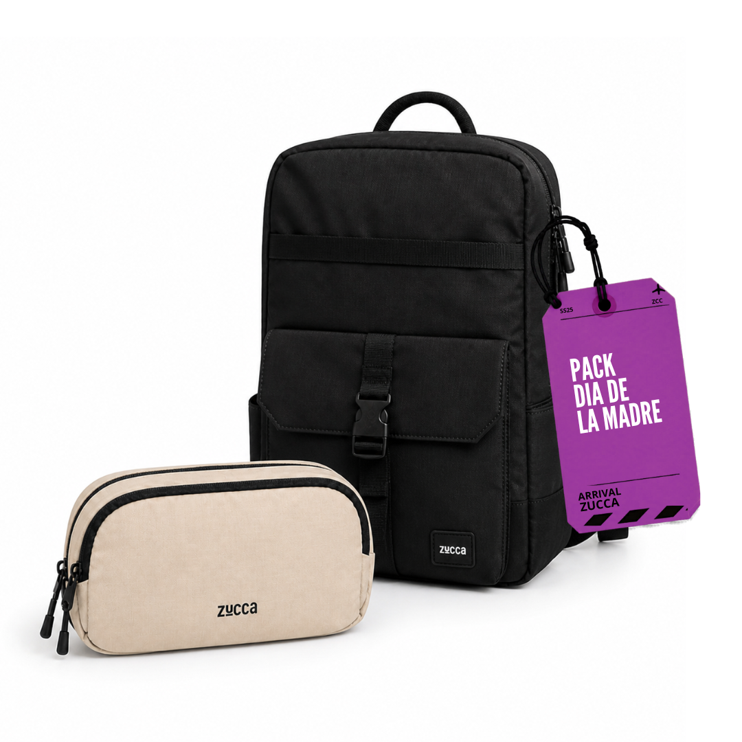 Pack Mamá Mochila Dublín negra + Bolso Bruselas beige