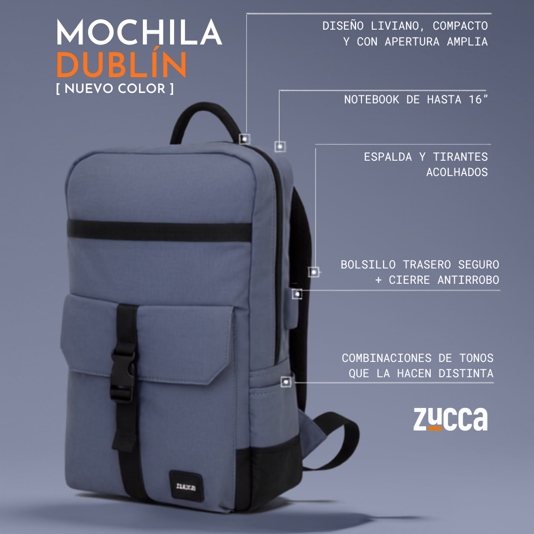 Mochila Dublin Azul opaco para Notebook 16 Pulgadas | Cierre Antirrobo - Zucca