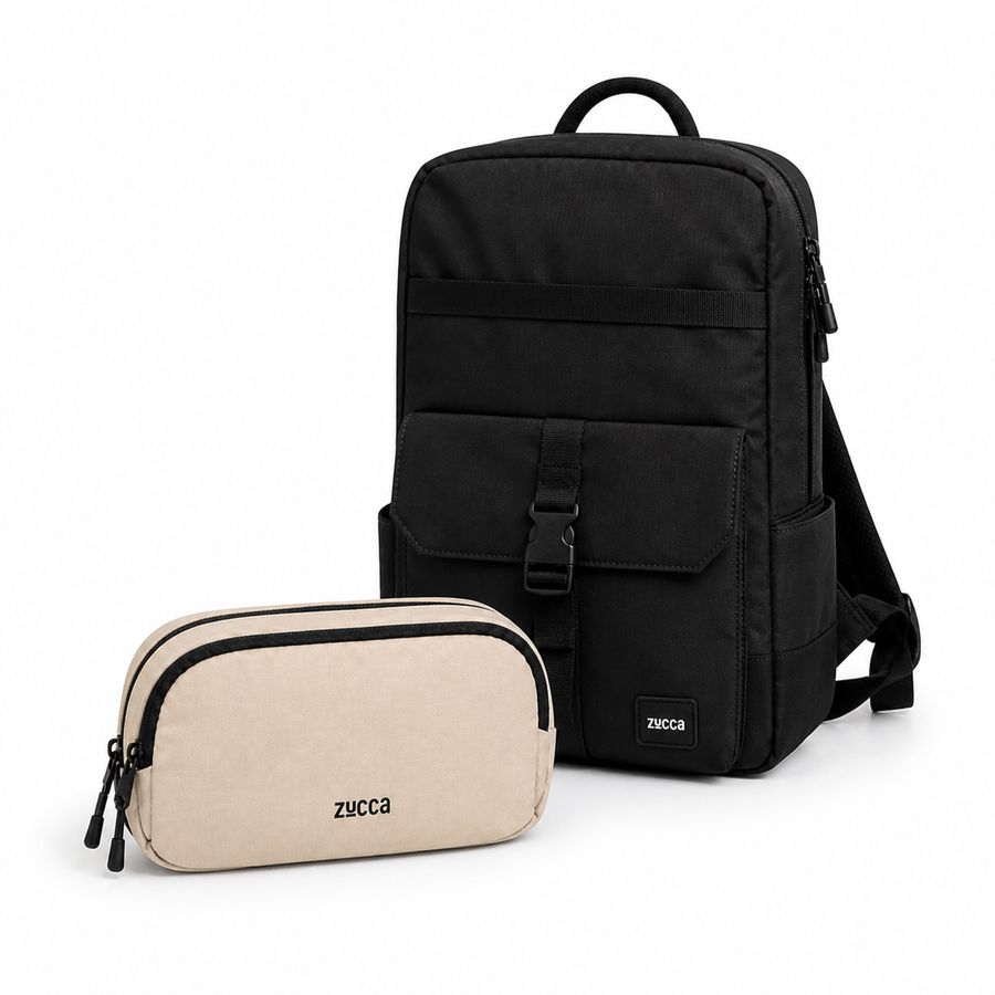 Pack Mamá Mochila Dublín negra + Bolso Bruselas beige