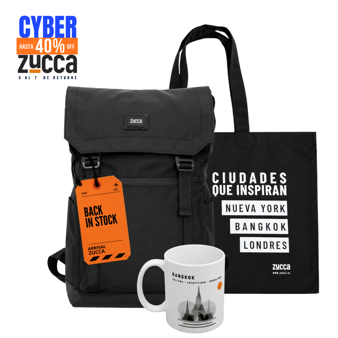 PACK MOCHILA BANGKOK NEGRA+BOLSA CIUDADES TELA+TAZÓN BANGKOK XL