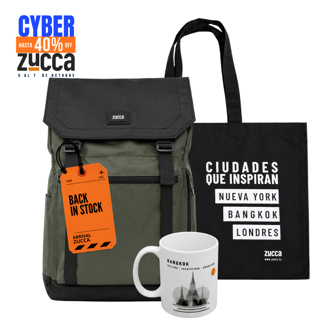 PACK MOCHILA BANGKOK VERDE+BOLSA CIUDADES TELA +TAZÓN BANGKOK XL