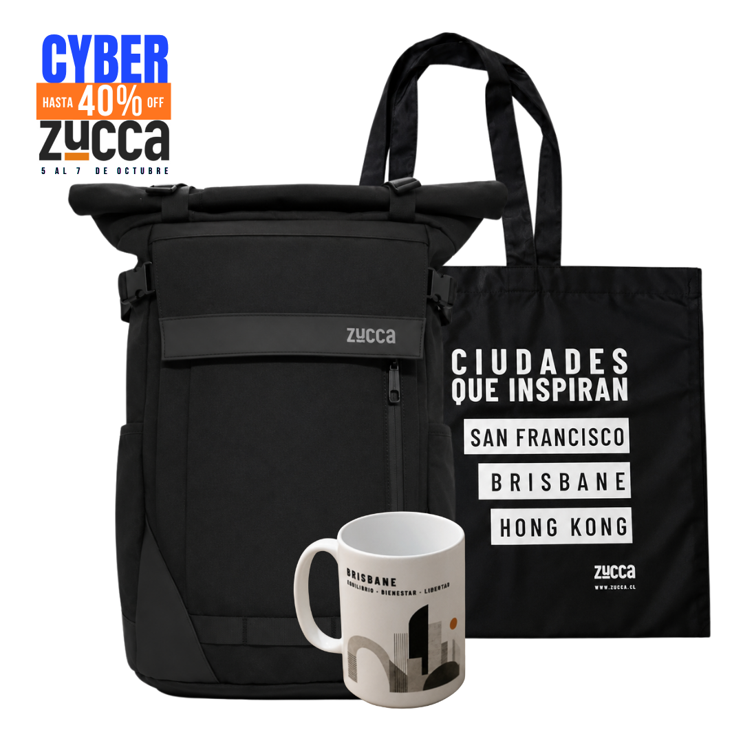 PACK MOCHILA BRISBANE NEGRO + BOLSA CIUDADES + TAZÓN LONDRES XL